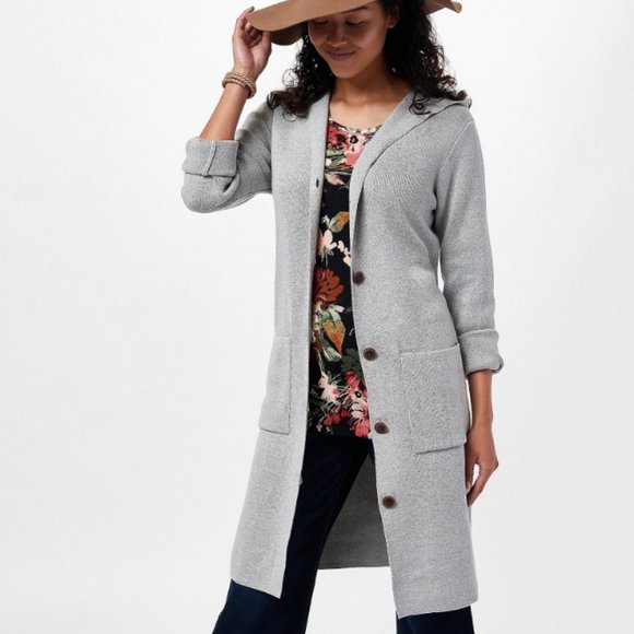 Denim&Co Sweaters - Denim & Co Petite Hooded Jacquard Sweater Knit Cardigan  12080